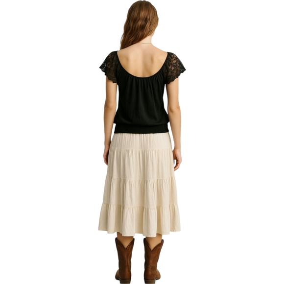 Wmns Black Lace Flutter Sleeve Blouse M Smocked Waist Prairie Cottagecore Boho - Picture 2 of 7